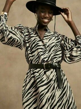 BANANA REPUBLIC Visit Popover Ramie Zebra Shirt Dress, size S